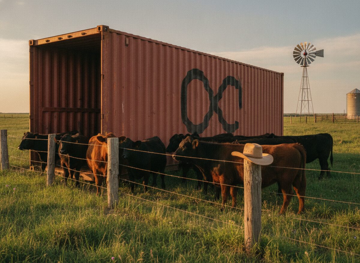 Press photo: a shipping container the size of a barn stamped with a cattle brand, sitting in a ranch pasture as a herd of cows looks on from behind a fence