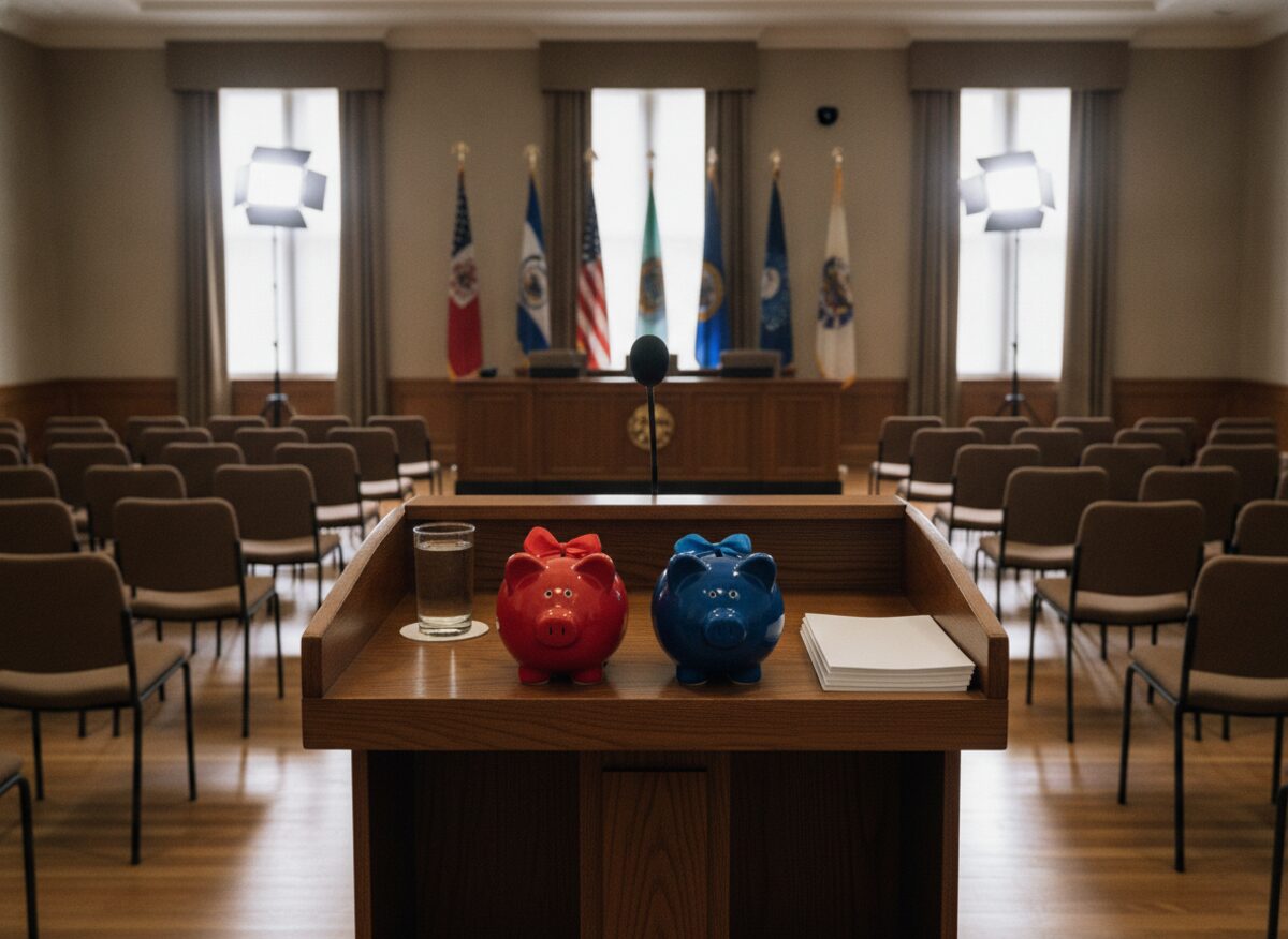 Press photo: a governor's podium with two piggy banks side by side, one painted in the state's colors and one in the opposing national party's colors, both with ribbons, in front of a wall of state flags