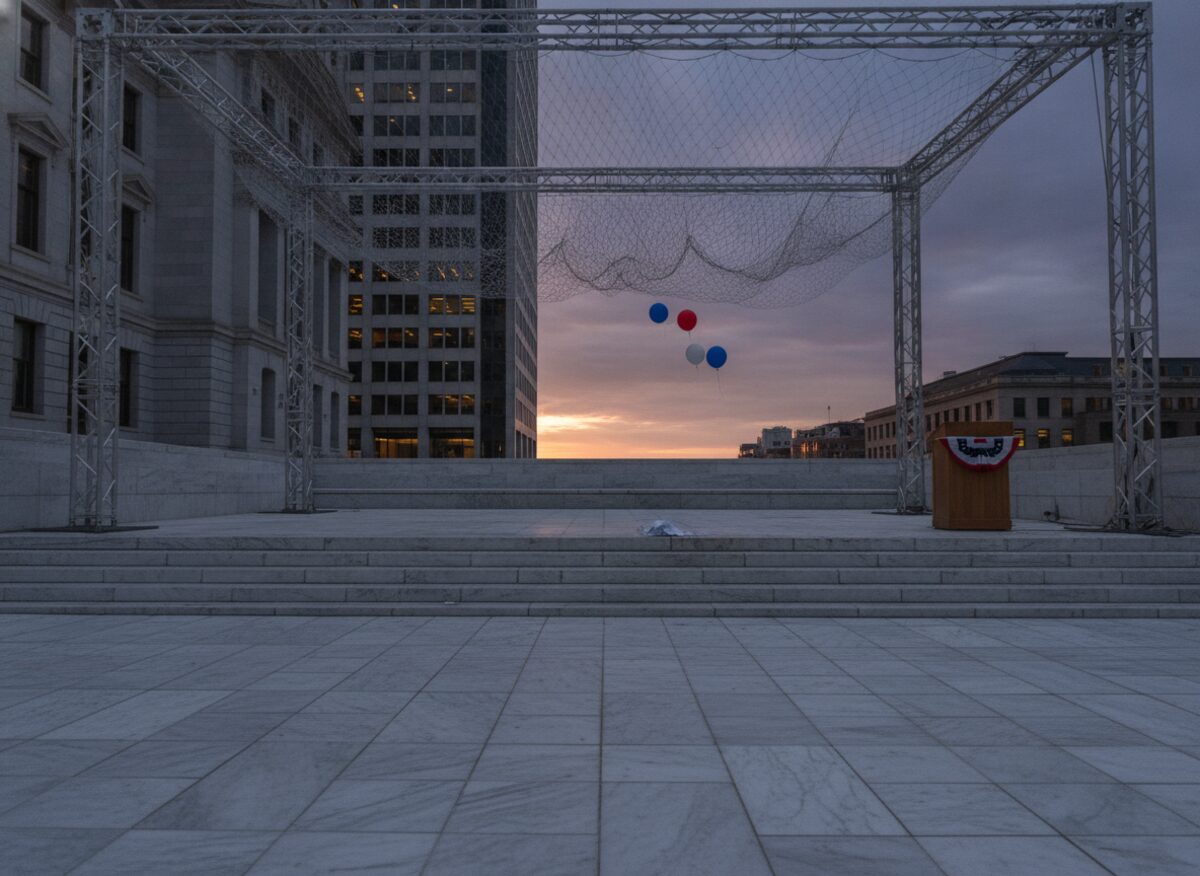 Press photo: a giant convention balloon drop net sagging empty over a city hall plaza, three balloons drifting away, and a crumpled letter on the steps