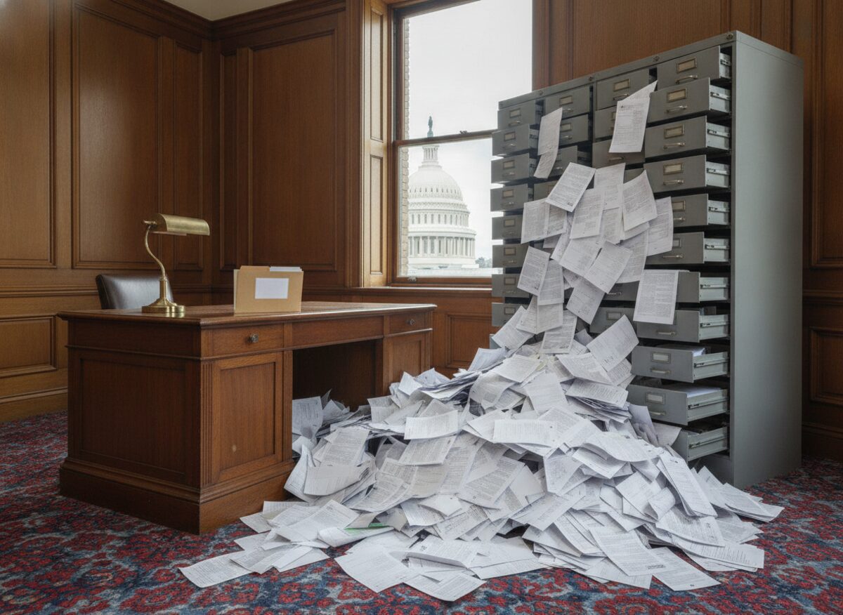 Press photo: a filing cabinet overflowing with a thousand press releases spilling across a Senate office floor, with one empty folder labeled by a blank tab propped on top