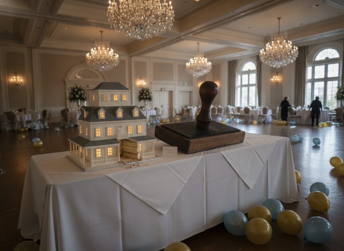 Press photo: an inaugural-ball cake shaped like a group-home building with a rate card tucked in the frosting, beside a rubber stamp the size of a suitcase