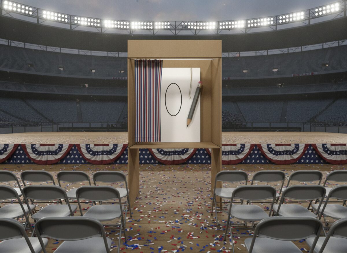 Press photo: a cardboard voting booth at a rally with a single empty oval on a blank ballot the size of a door, a pencil on a string, and red-white-and-blue bunting