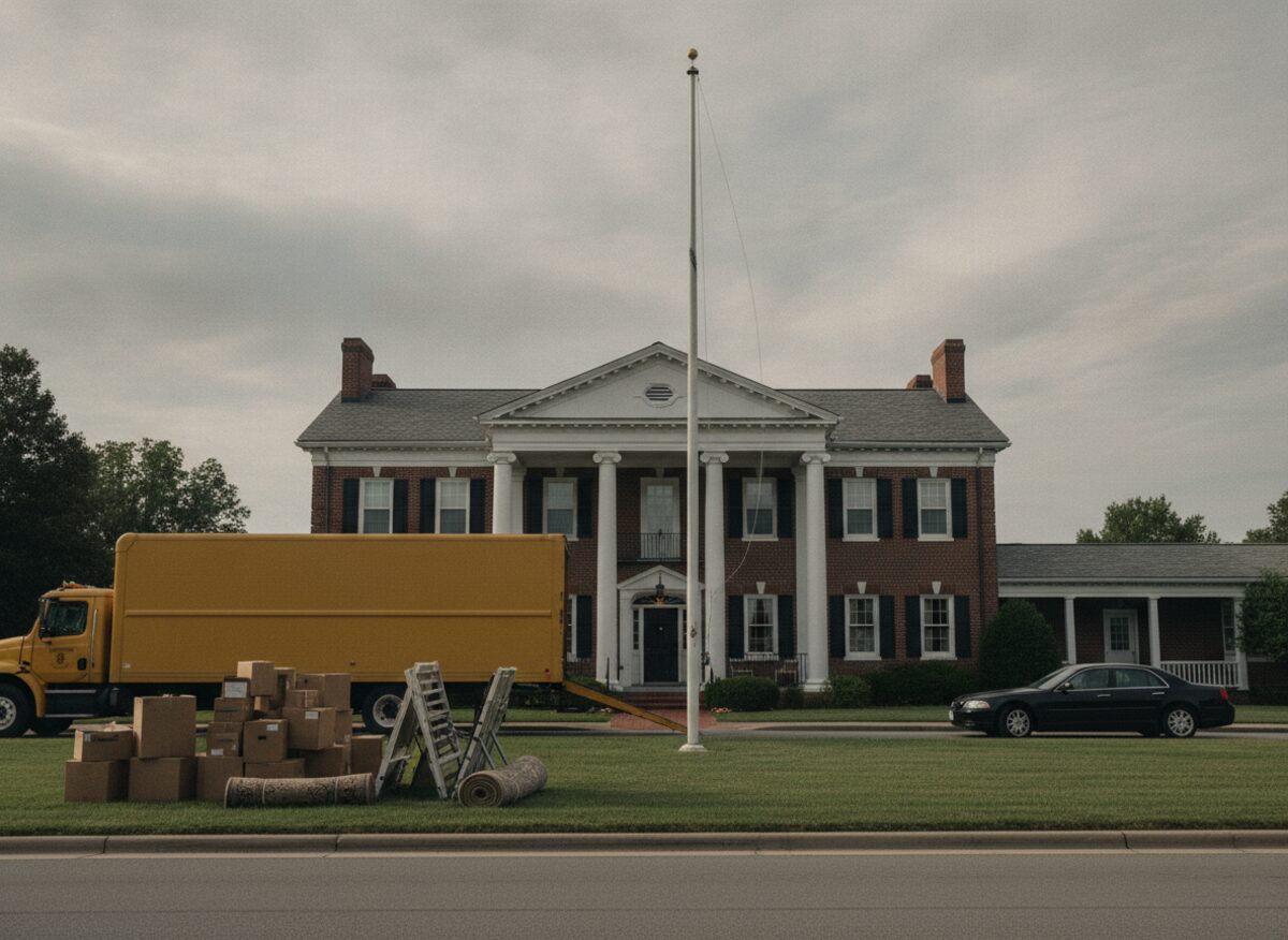 Press photo: a moving truck backed up to the porch of a stately officer's residence, packed boxes on the lawn, and an empty flagpole with the halyard swinging