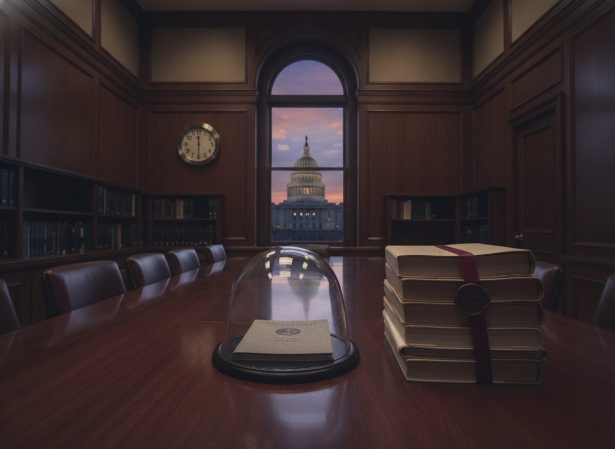Press photo: a think-tank conference table with a report under a glass dome, a giant wall clock reading five o'clock, and a stack of legal papers with a ribbon