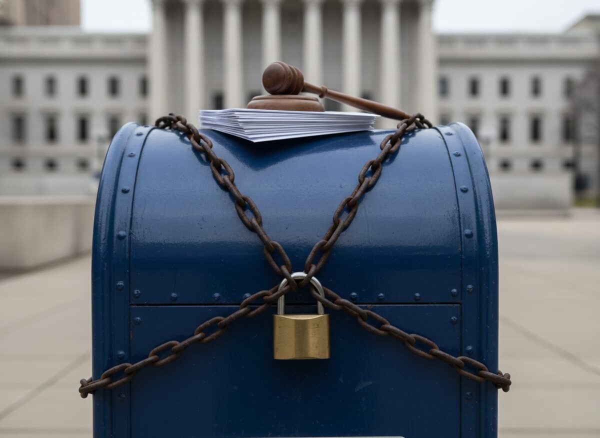 Press photo: a blue postal collection box wrapped in a heavy chain and padlock, a stack of mail-in ballot envelopes piled on top, and a court gavel resting on the chain