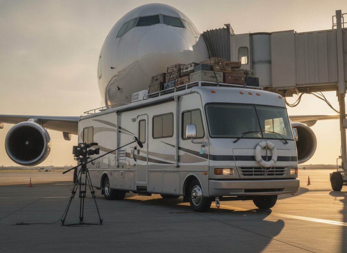 Press photo: an oversized family RV with a mounted camera rig parked beneath the nose of a jumbo jet at an airport gate, luggage and a cruise-ship life ring strapped to the roof