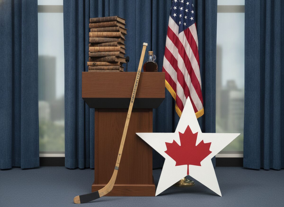 Press photo: an American flag on a stand with a single oversized maple-leaf-shaped star propped beside it, a stack of tariff ledgers, and a hockey stick leaning on the podium