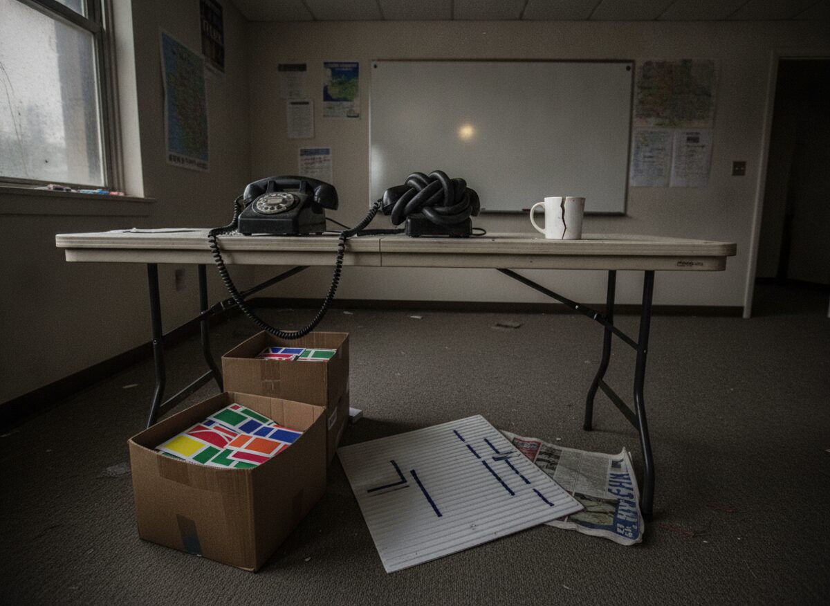 Press photo: two rotary telephones on a party headquarters table with their cords tangled into a knot, a cracked coffee mug, and a campaign yard sign lying face down