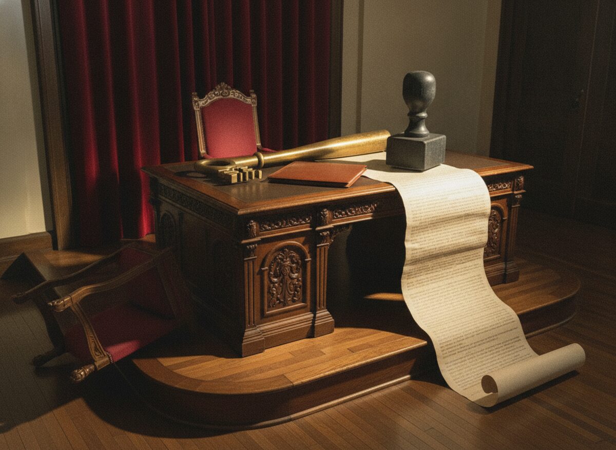 Press photo: an ornate governor's desk on a dais with an oversized skeleton key across a leather folder, a giant rubber stamp pressing a pardon scroll, two empty board chairs tipped over