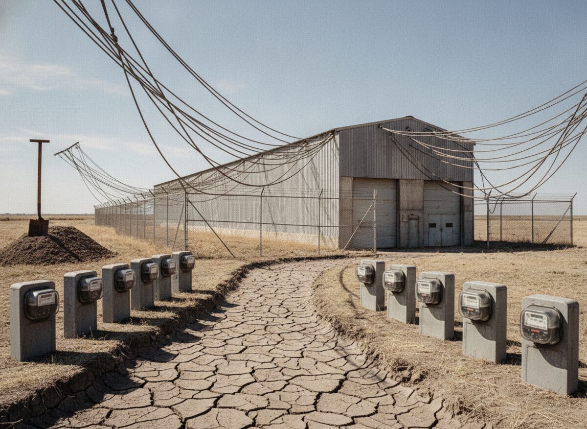 Press photo: a windowless data center in a dusty rural field, its fence toppling under tangled power lines, oversized electric meters stacked like tombstones, a cracked dry riverbed leading to the doors