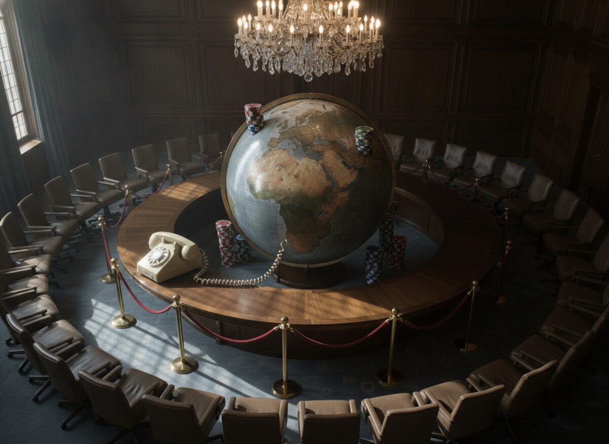 Press photo: a giant globe cordoned off with velvet ropes beside an oversized rotary telephone and stacks of casino chips resting on several countries
