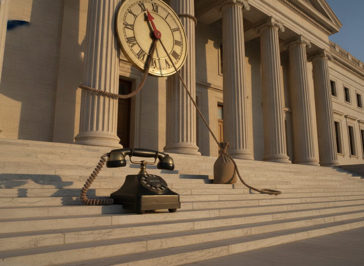 Press photo: an oversized rotary phone on the marble steps of a neoclassical bank, its cord running up to a giant interest-rate dial dragged downward by a hanging sandbag