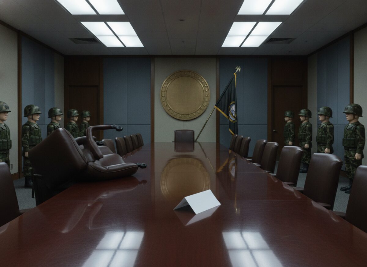 Press photo: a conference table with an overturned leather chair pushed back, a folded name-placard face down, a large state flag being yanked from its floor stand