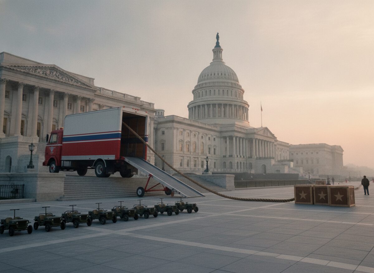 Press photo: a giant moving truck backed up to a domed capitol at dawn, its ramp down and star-stenciled crates being unloaded, a tug-of-war rope stretched to the capitol doors
