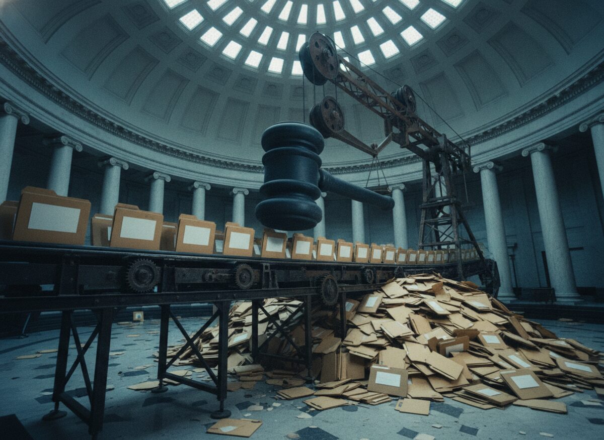 Press photo: a factory conveyor belt inside a marble courthouse rotunda churning out identical manila legal folders that pile into a mountain, a giant stamp hammering each one