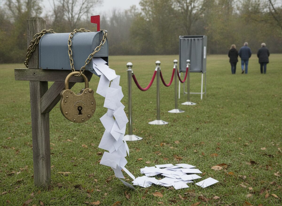 Press photo: a residential mailbox chained shut with an oversized padlock, envelopes overflowing from a slot behind it onto the lawn, an empty voting booth in the distance
