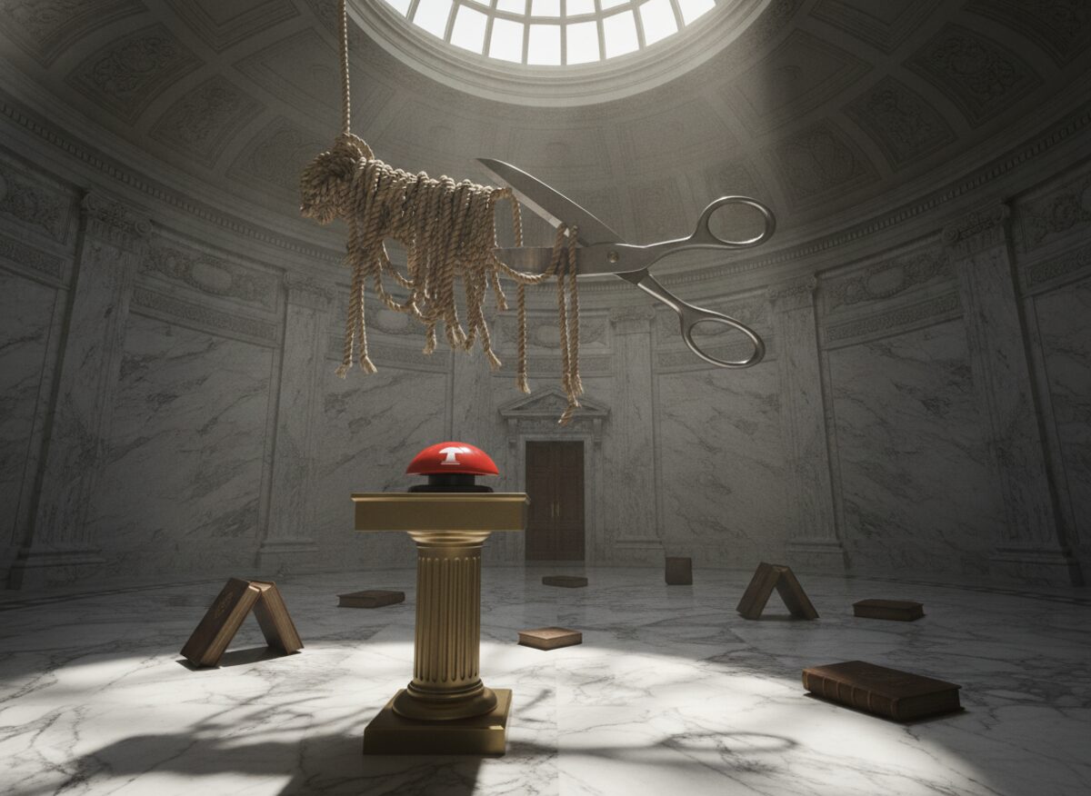 Press photo: a marble legislative chamber with an oversized red push-button on a brass pedestal at the rostrum and a thick bundle of frayed ropes being cut by giant scissors