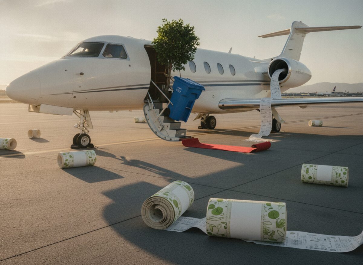 Press photo: a private jet on a tarmac with an oversized potted tree and a giant recycling bin strapped into the open cabin door, a long receipt spooling from the engine onto the runway
