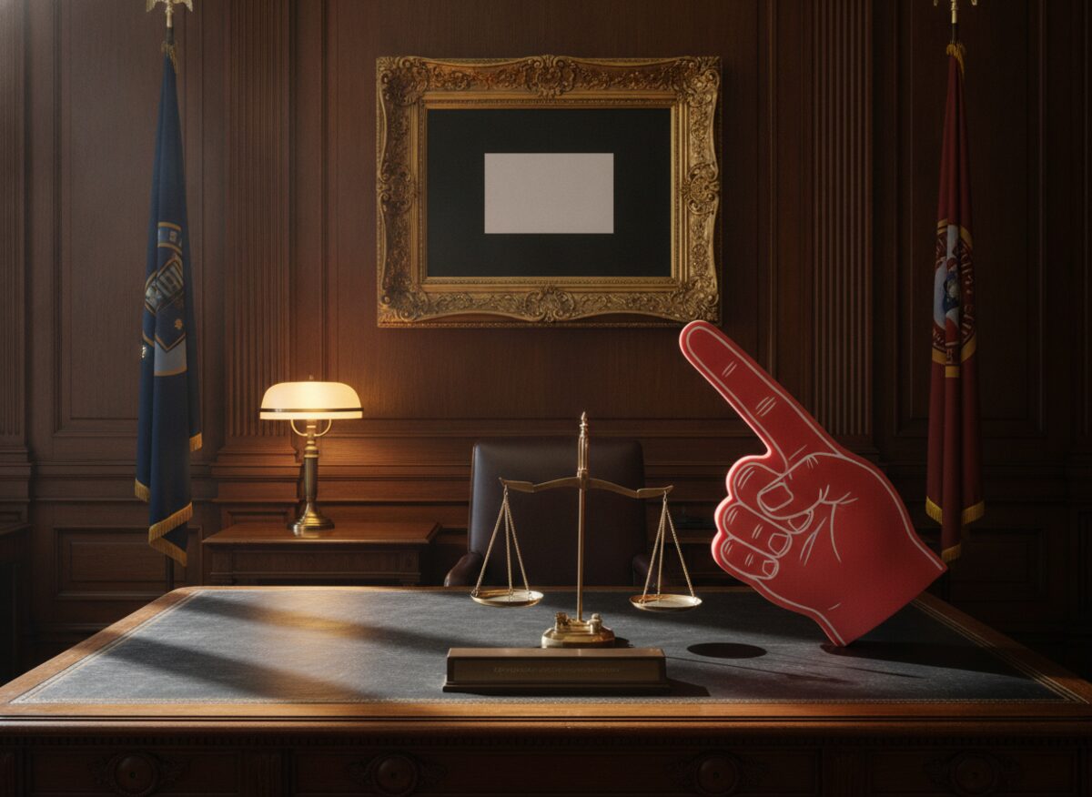 Press photo: a Justice Department office where a giant framed business card hangs in place of the official seal, an oversized foam finger pressing down on one pan of a scales-of-justice statue on the desk