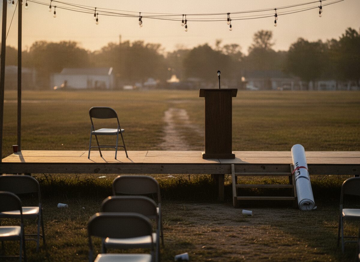 Press photo: an empty campaign stage at dusk with a lone lectern, a single folding chair conspicuously turned to face away, and a rolled-up endorsement banner left leaning unopened against the steps