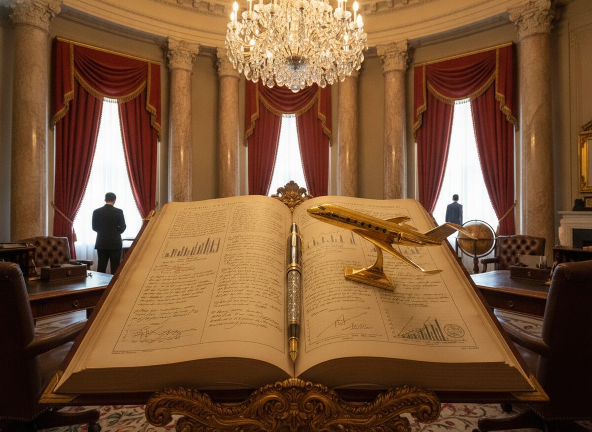Press photo: an enormous ceremonial budget ledger the size of a door propped open on an easel, a diamond-crusted fountain pen resting in its gutter, a solid-gold private-jet paperweight anchoring the page