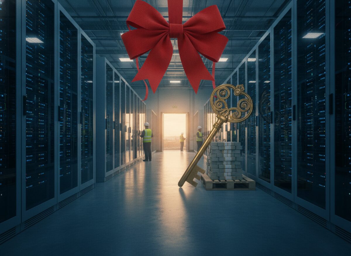 Press photo: a humming warehouse of server racks with an oversized gift bow on the roof, a golden ceremonial key the size of a canoe leaning against the entrance beside a stack of banded cash
