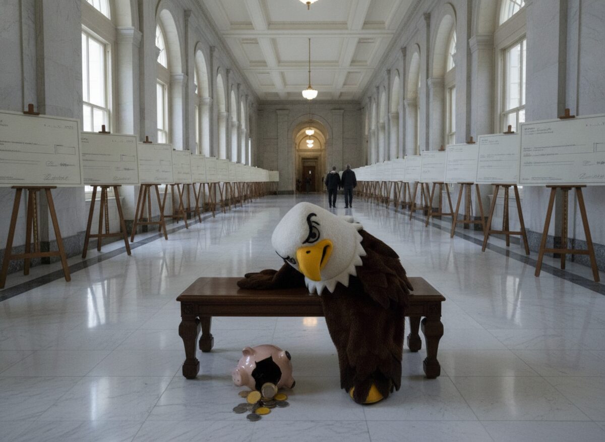 Press photo: a marble Capitol hallway lined with novelty oversized checks made out to hometown projects, a foam 'FISCAL HAWK' mascot costume slumped empty on a bench beside a spilled piggy bank