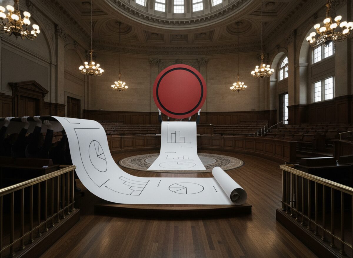 Press photo: a grand city-hall council chamber where an oversized budget scroll unfurls off the dais and pools on the floor, a giant red 'REJECTED' rubber stamp hovering over it held by many hands from the same side of the aisle