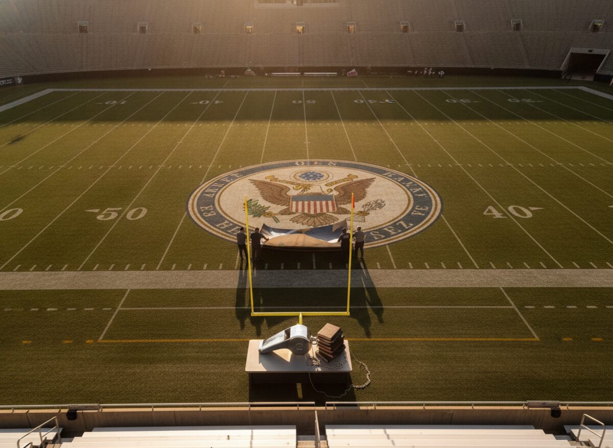 Press photo: an empty college football stadium at midfield where an enormous federal-seal decal is being rolled onto the fifty-yard line, a tuba-sized chrome referee whistle resting on a government-issue desk beside a stack of rulebooks