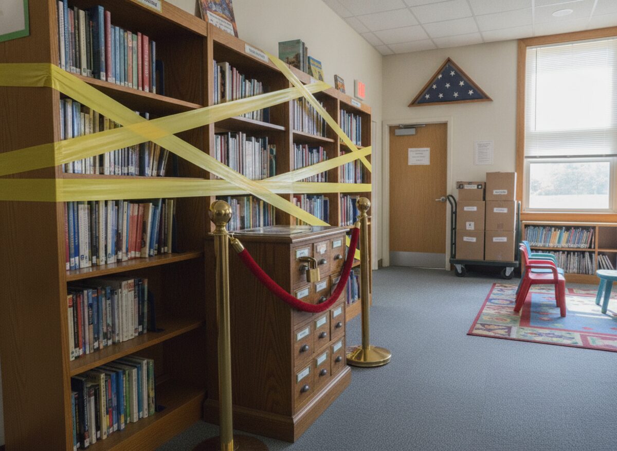 Press photo: a bright elementary-school library where three bookshelves are wrapped in yellow caution tape, a heavy padlock hangs on a wooden card catalog, and cardboard boxes of books wait sealed by the exit under a flag
