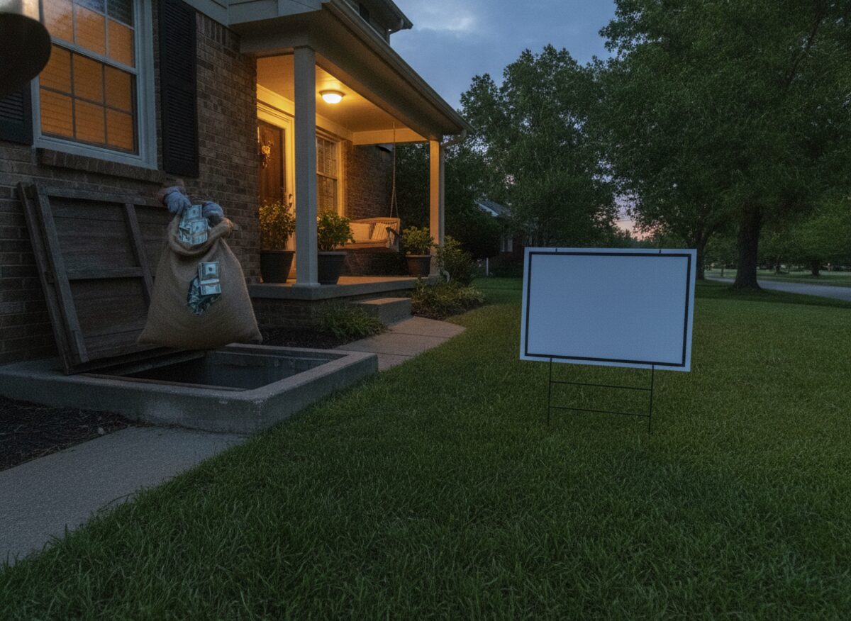 Press photo: a tidy suburban front porch with a large 'NO CORPORATE PAC MONEY' yard sign staked in the grass, while a burlap sack of banded cash is quietly lowered through an open cellar hatch around the side of the house