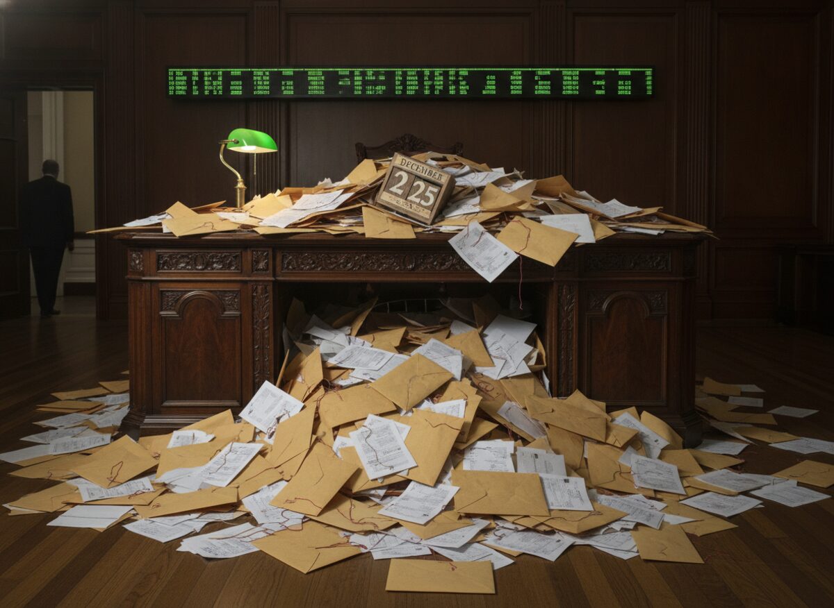 Press photo: an ornate congressional desk buried under a landslide of overdue disclosure envelopes, a novelty desk calendar flipped far past its date and gathering dust beside a stock ticker