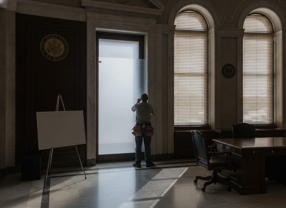 Press photo: a marble statehouse office where a workman installs a frosted-glass panel over a formerly clear door, a 'PUBLIC WELCOME' placard flipped to its blank back, and window blinds being drawn shut on a sunny afternoon