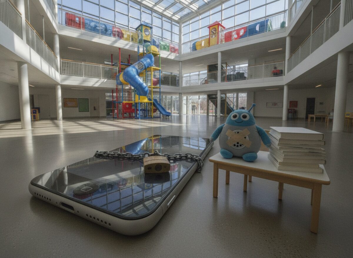Press photo: a children's museum atrium with an enormous smartphone the size of a refrigerator lying face-up on the floor wrapped in a bicycle chain and padlock, a stack of thirteen thick books on a child-sized table, and a plush robot toy with tape over its speaker
