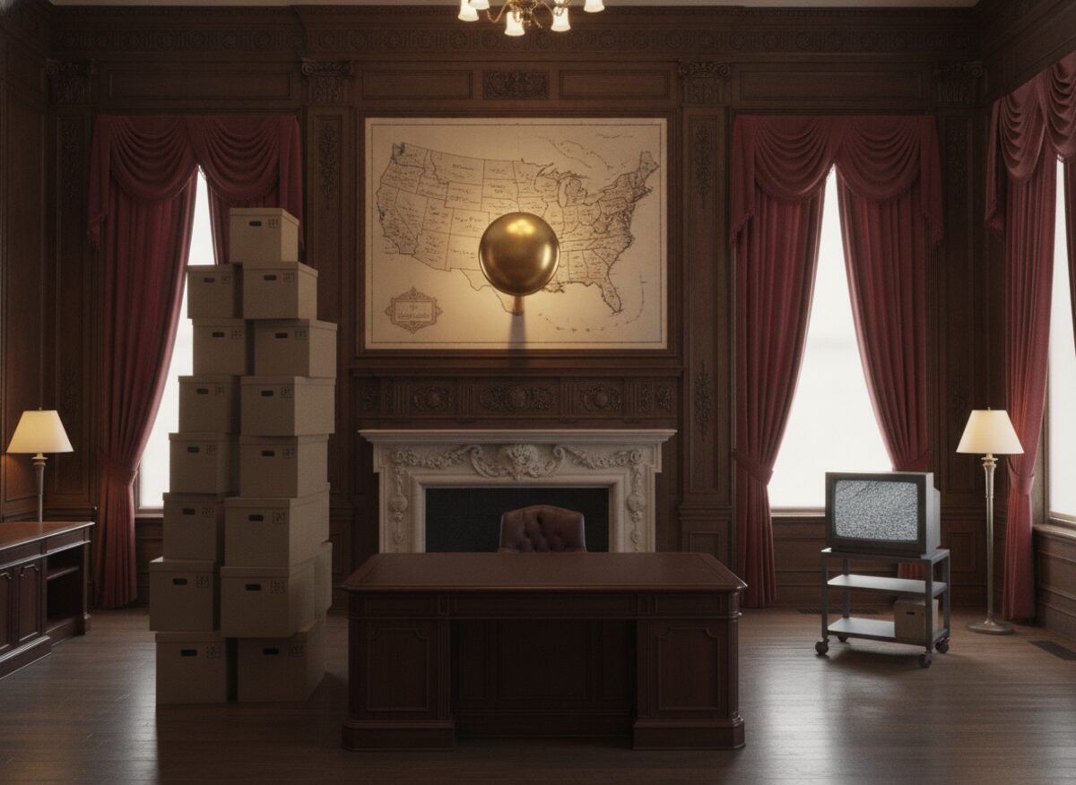 Press photo: an empty mahogany governor's office with a large wall map of the United States pierced by a single golden push-pin the size of a fire hydrant, a stack of oversized banker's boxes, and a television on a cart showing static
