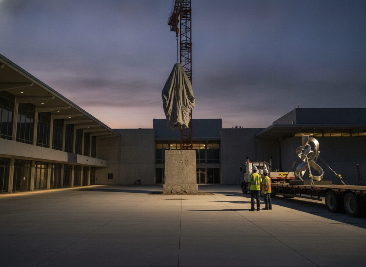 Press photo: a modernist museum entrance at dusk with an enormous empty stone pedestal, a construction crane lowering a towering tarp-shrouded statue-shaped form, and a small abstract steel sculpture strapped to a flatbed truck nearby