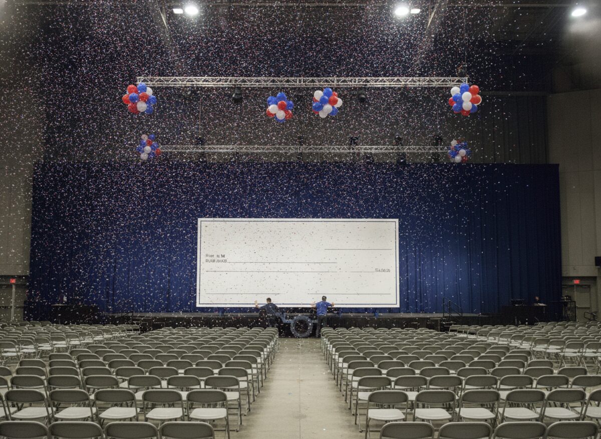 Press photo: a convention hall floor seen from the back rows under falling confetti, where workers seen from behind wheel a blank novelty check the size of a billboard toward the stage on a dolly, its amount and signature lines empty