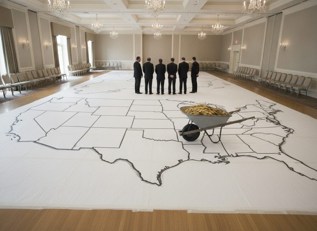 Press photo: a hotel ballroom floor covered by an enormous paper map of the United States, a wheelbarrow heaped with gold coins parked on it, and several suited figures seen only from behind at the far end of the room