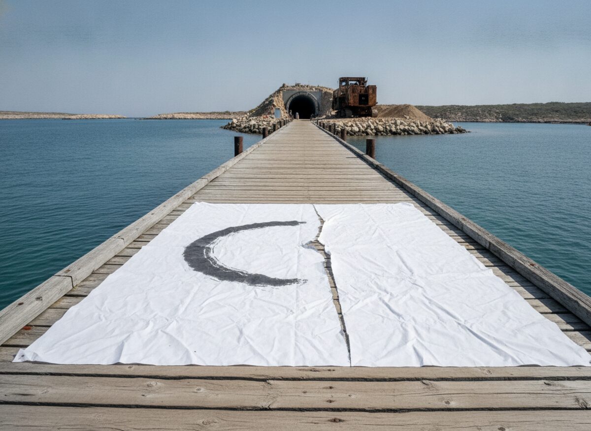 Press photo: an enormous blank paper permit half-stamped and half torn in two lying on a wooden dock beside a wide blue strait, with an idle tunnel-boring machine on the far shore