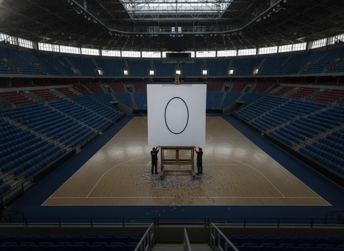 Press photo: an empty arena seen from the rafters, a single oversized paper ballot the size of a garage door propped on an easel at center stage with one blank oval, stage crew seen from behind