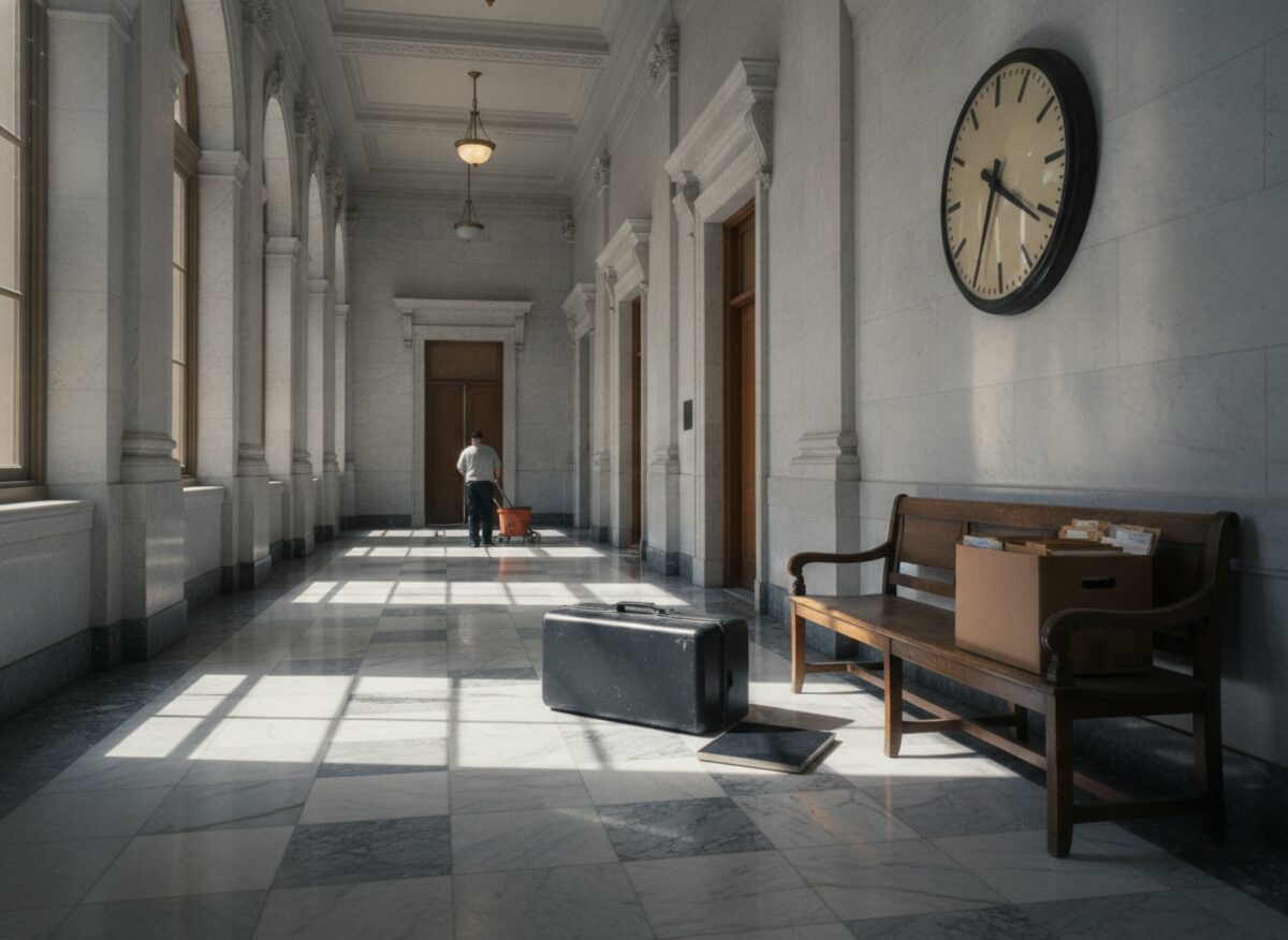 Press photo: an empty federal courthouse corridor with a lone cardboard box of files on a bench, an enormous wall clock with bent hands, and a rubber stamp the size of a suitcase lying unused on the marble floor