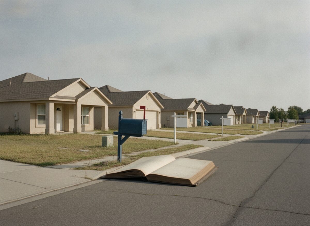 Press photo: a row of seven identical small rental houses on a suburban street, each with a blank yard sign, an enormous empty mailbox with its flag up on the sidewalk, and a ledger book the size of a car hood open to blank pages