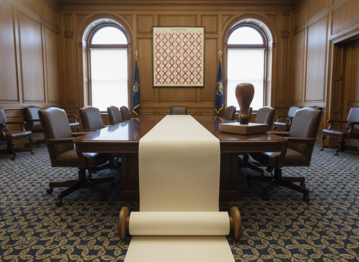 Press photo: an empty statehouse cabinet room with a very long scroll of blank paper unrolling off the end of the conference table onto the carpet, a single enormous rubber stamp, and a wall calendar with a month of X marks