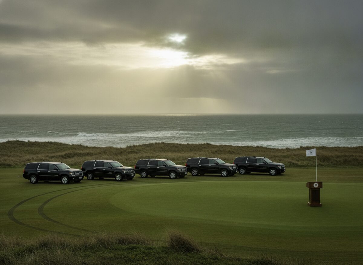 Press photo: a windswept Atlantic links golf course at dawn with a motorcade of black SUVs parked along the fairway beside a tee box, a lectern set on the putting green, and a plain flag on the pin