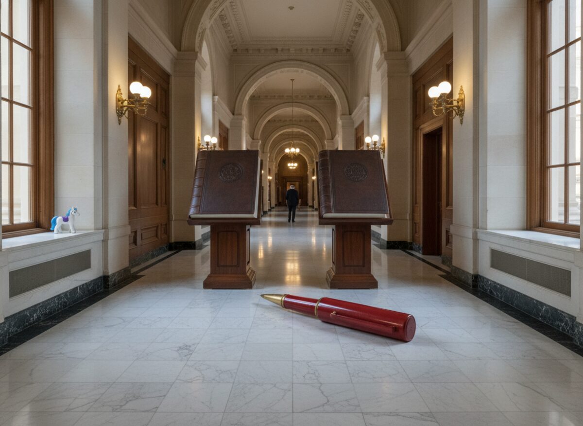 Press photo: a Senate hallway with two identical oversized dictionaries open on facing lecterns, a giant red pen resting between them, and a small toy pony standing on a marble ledge
