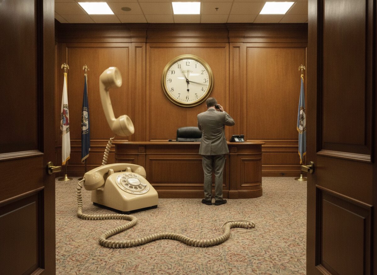 Press photo: a Senate office reception desk seen from the doorway where an old desk phone the size of a sofa rings beside a wall clock as tall as a person, its hands frozen between two hours