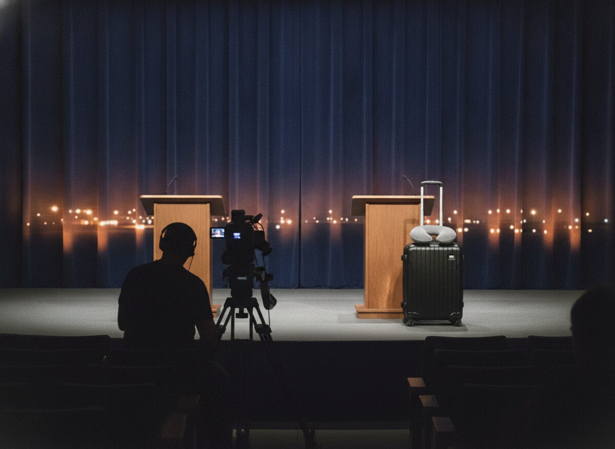 Press photo: a debate stage seen from the audience with two empty lecterns, one of which has a packed rolling suitcase standing beside it and an airport departure-board glow on the curtain behind
