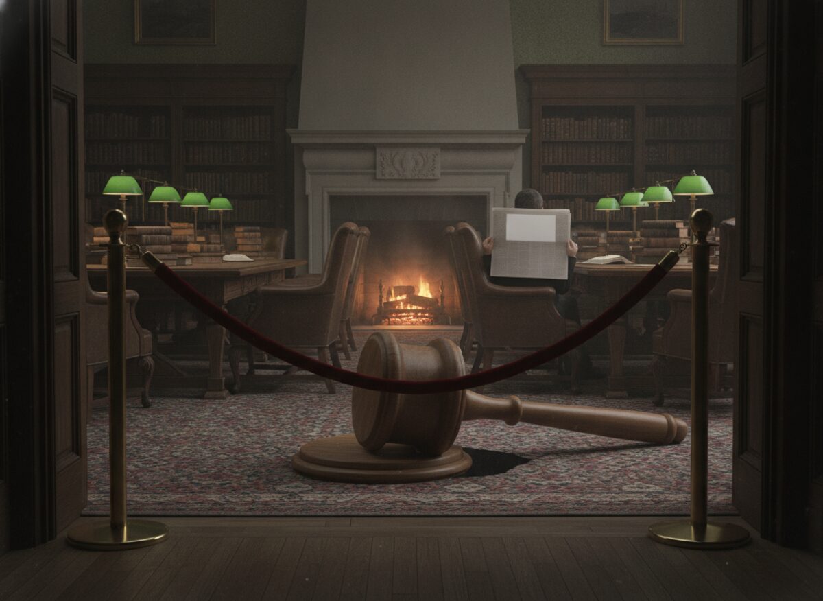 Press photo: a stately club library with leather armchairs and a velvet rope across the doorway, beyond which a single enormous gavel lies on its side on the carpet as if dropped from a great height