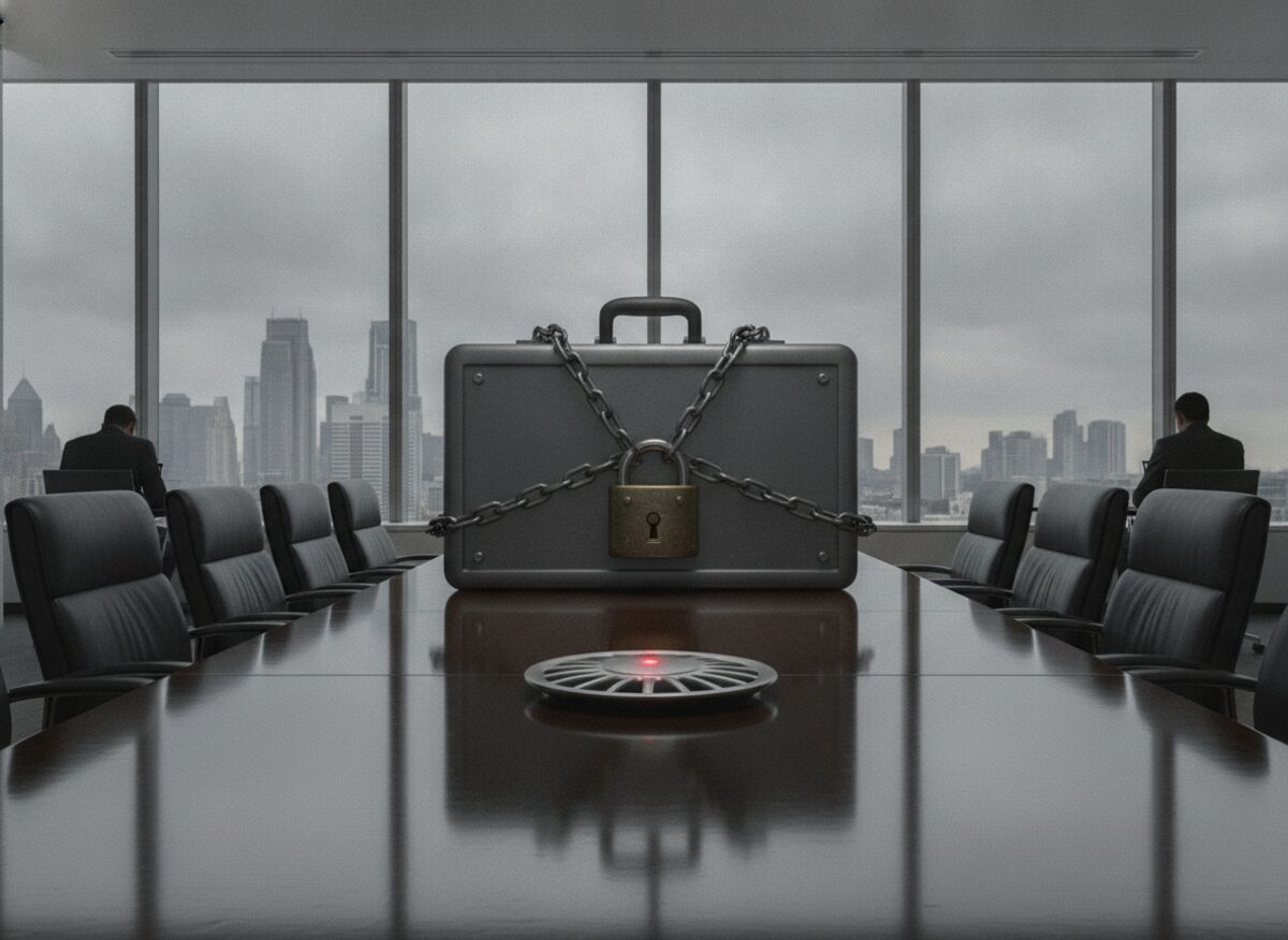 Press photo: a boardroom table seen from the end where a giant padlocked briefcase sits in the center, surrounded by empty chairs and a speakerphone the size of a hubcap