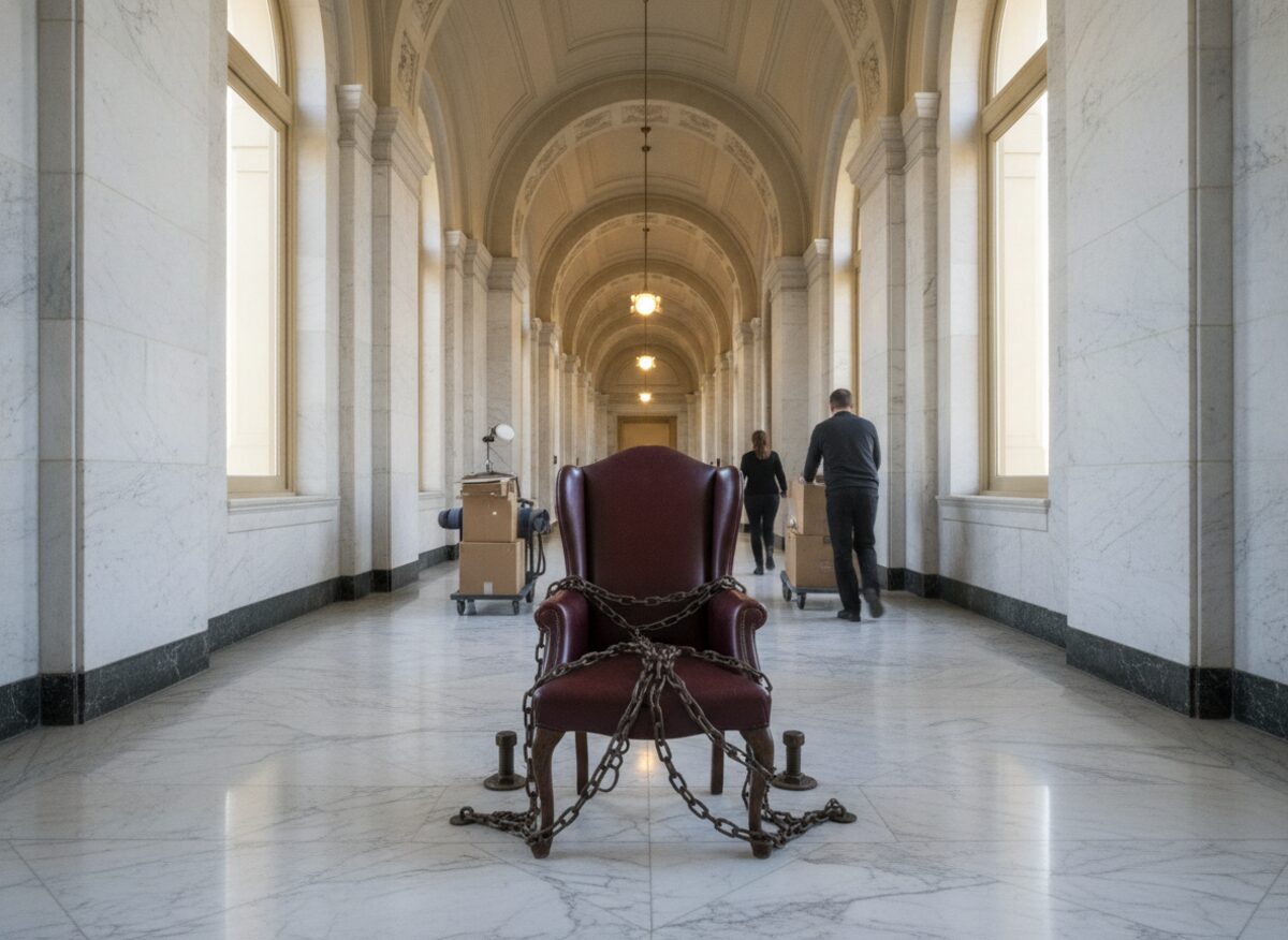 Press photo: a single high-backed leather chair bolted to the floor of an empty hallway with heavy chains, while movers seen from behind carry other furniture past it